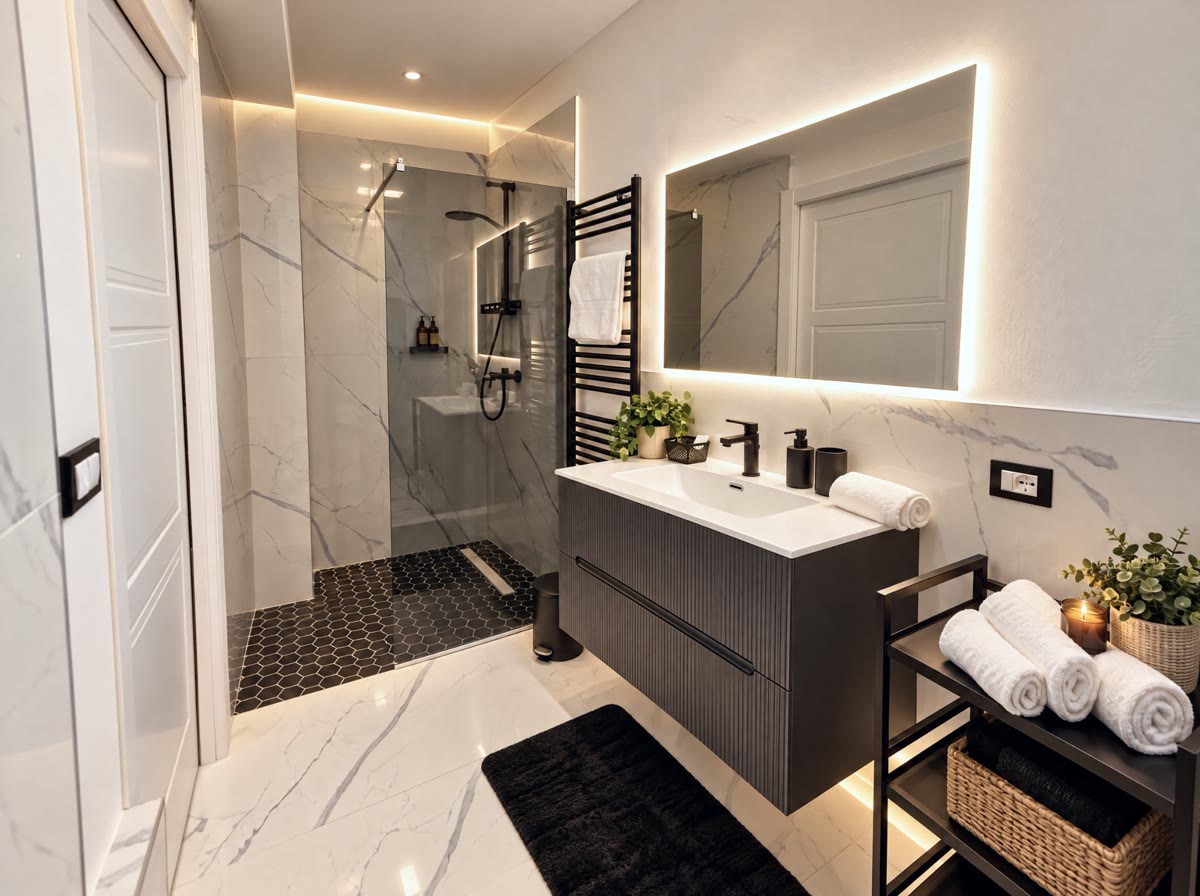 Bagno in marmo con specchio retroilluminato e doccia a filo