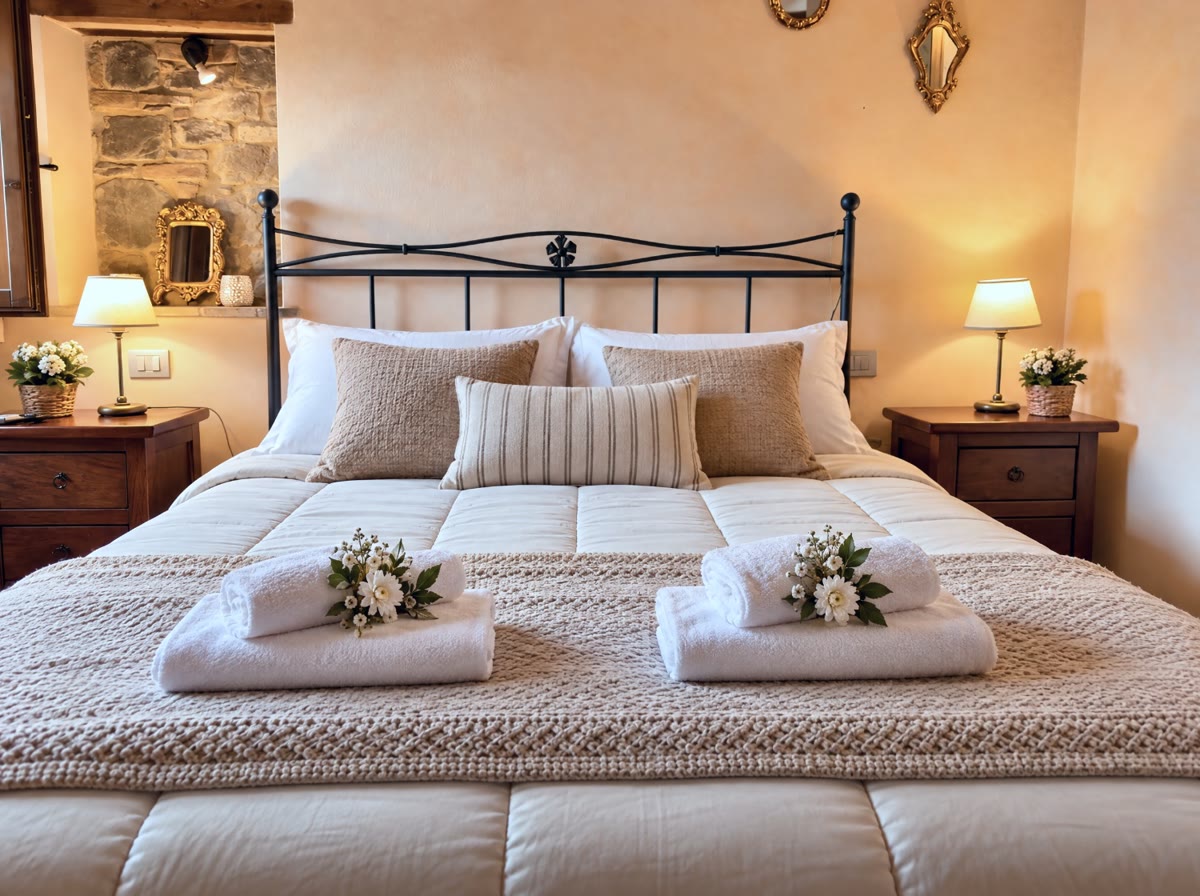 Camera pronta per gli ospiti, con asciugamani e fiori sul letto e lampade accese