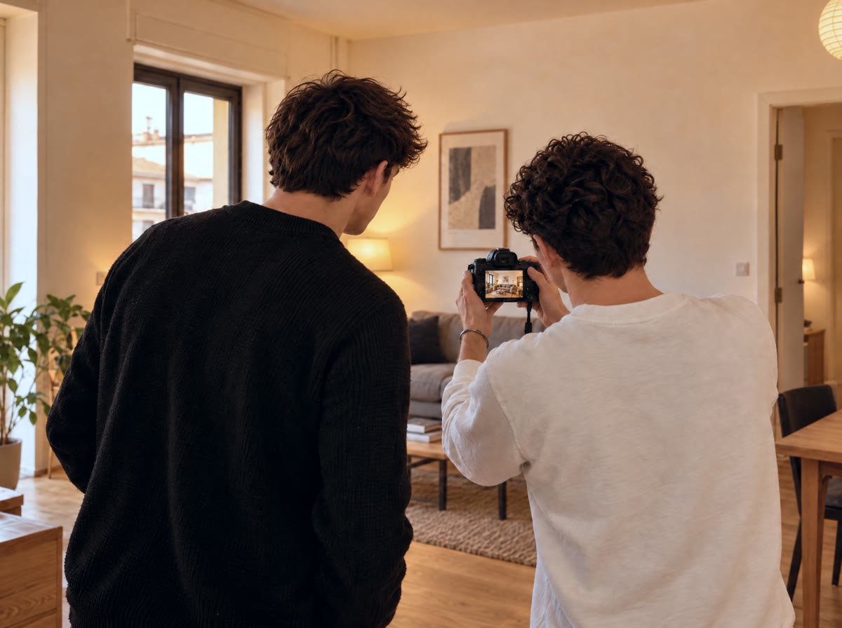 Due persone del team fotografano il soggiorno di una casa, controllando lo scatto sul display